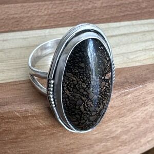 Artisan Accent Ring Size 8 Adjust Fossil Dino Gembone 925 Sterling USA Made 8.0g